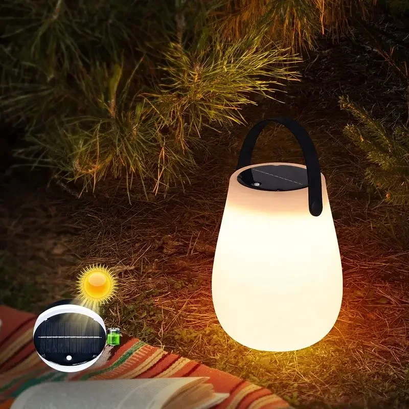 Solar Powered Outdoor Camping LED Tabletop Lantern USB Rechargeable Battery Cordless PE Table Lamp with Silicone Handle Light