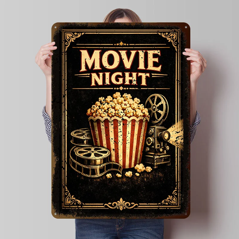 Movie Night Popcorn and Projector Metal Poster Custom Wall Art Retro Vintage Tinplate Signs for House Decor Room Coffee Bar Home