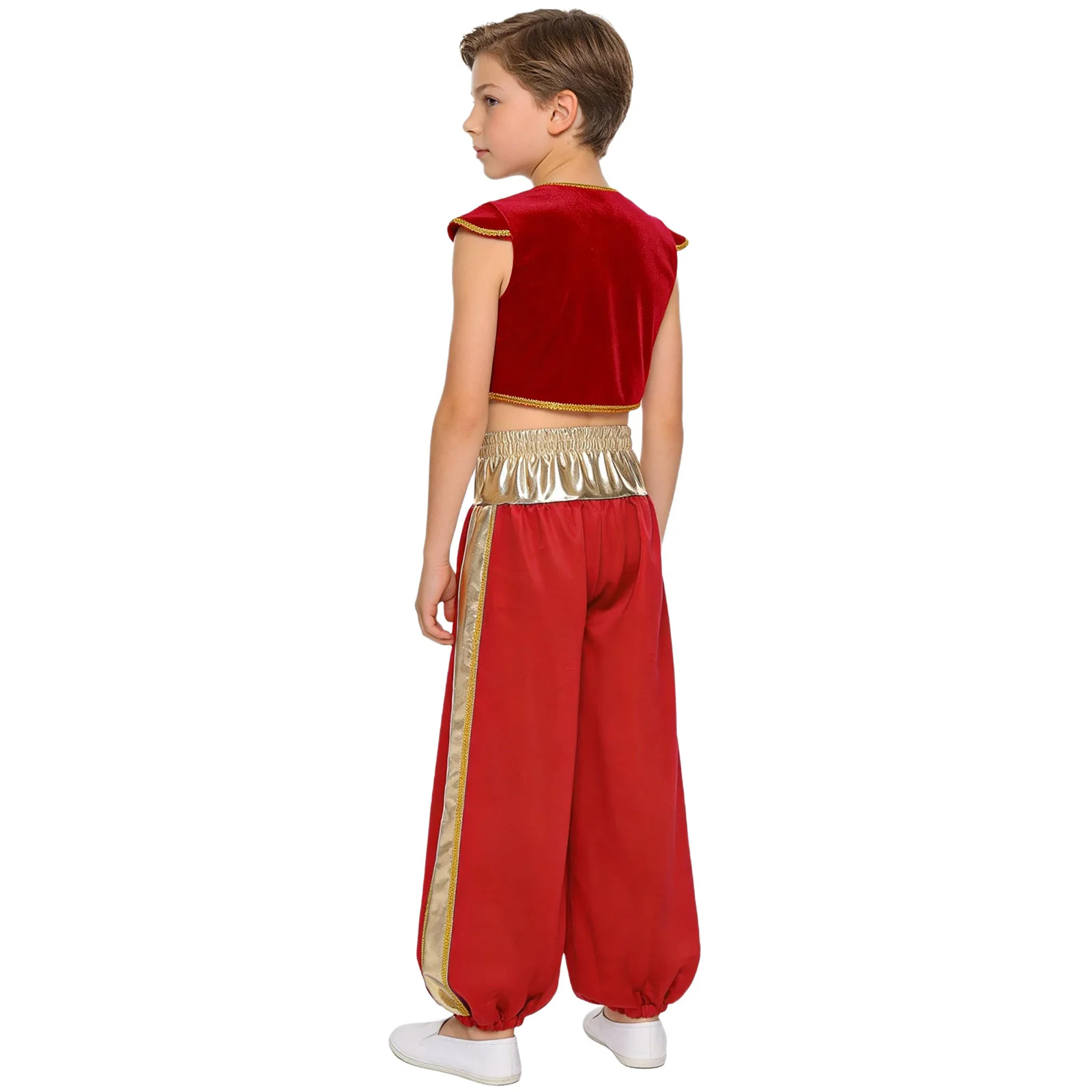 Kids Boys Arabian Prince Costume Cap Sleeve Braided Trim Vest Waistcoat And Metallic Bloomers Harem Pants Halloween Performance