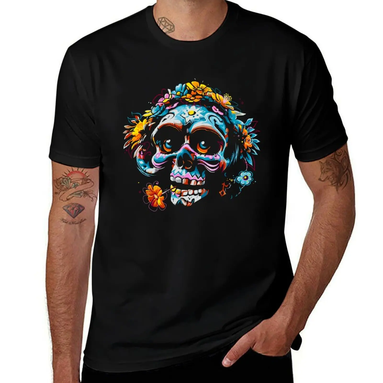 Skull flowers calavera T-Shirt High Quality Durable T-Shirt
