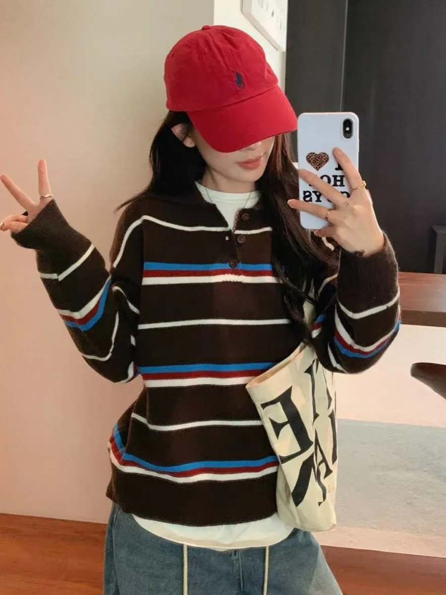 

Soft Long Sve irt Women's Knitted Sweater Autumn Winter Color Blo Inner Wear Turn-down Collar Striped Korean Sle