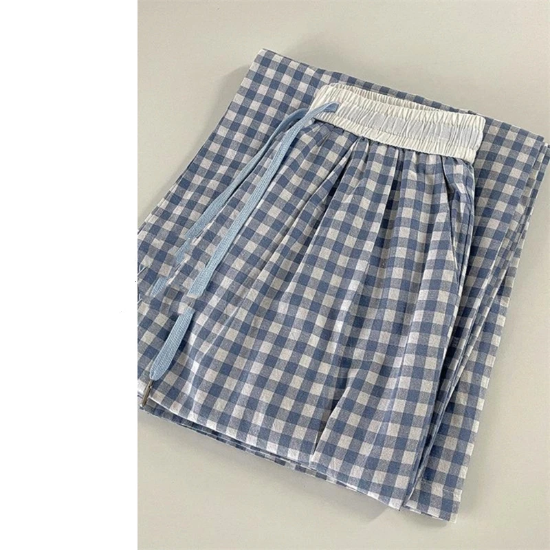 Contrasting Patchwork Plaid Vintage Women Summer Thin Style 2024 New High Waist Straight Cylinder Loose Korean Casual Trousers