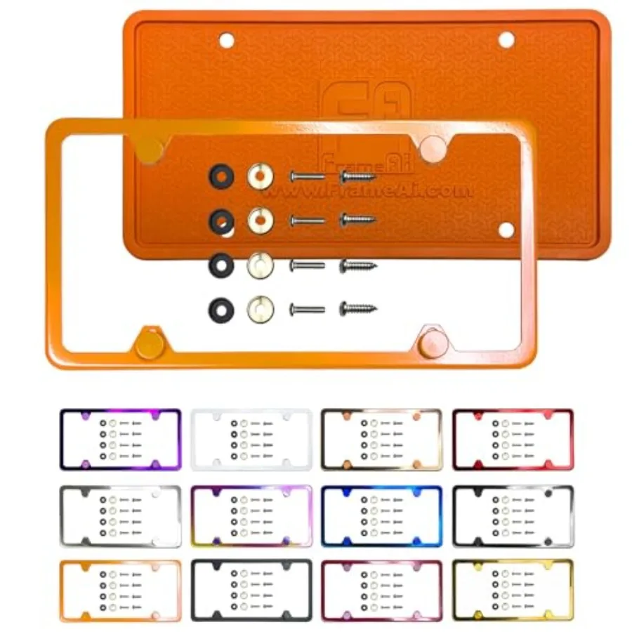 

Silicone Back Guard Four Holes Slim License Plate Frame Solar Orange Powder Coated Universal Fit Aluminum Screw On Cap Cover, T