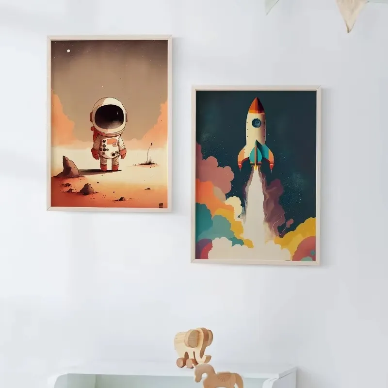 Modern Minimalist Space Nursery Canvas Print Wall Art Whimsical Astronaut Rocket Planets Galaxy Decor Educational Poster Gift