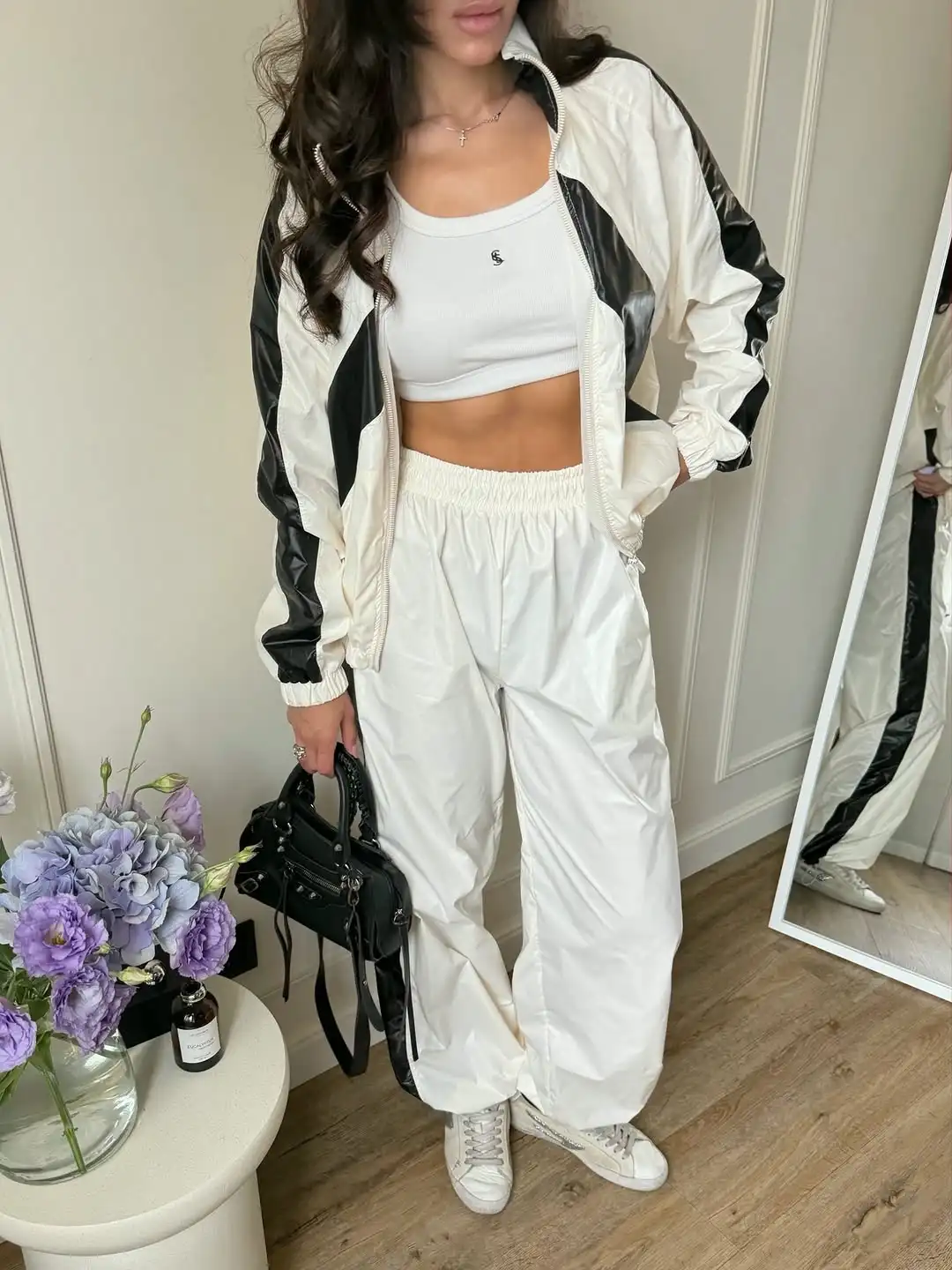 Women White Black Color Block Zip Jacket Track Pants Set Stand Collar Long Sleeve Elastic Cuff Outfit Daily Casual Sports Attire