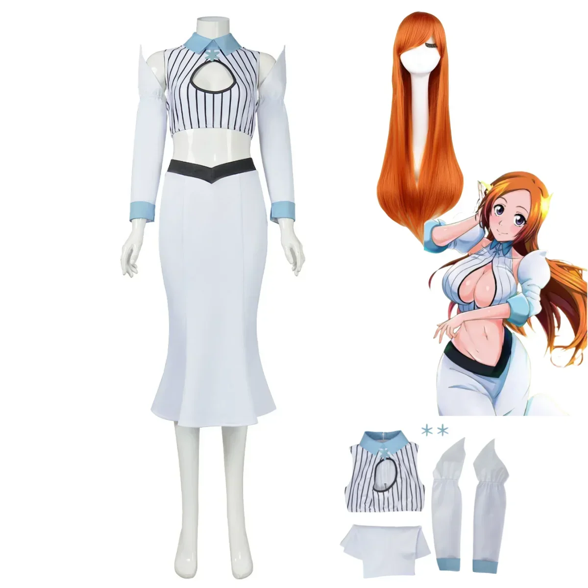 2026 Anime Sexy Carnival Halloween Suit Bleach Inoue Princess Orihime Cosplay Costume White Tops Skirt Uniform Wig Adult Woman view 2