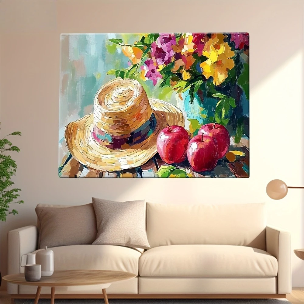 Póster con estampado de sombrero de paja y manzana y flores, cuadro sobre lienzo de arte abstracto moderno, imagen artística de pared para decoración del hogar y la sala de estar