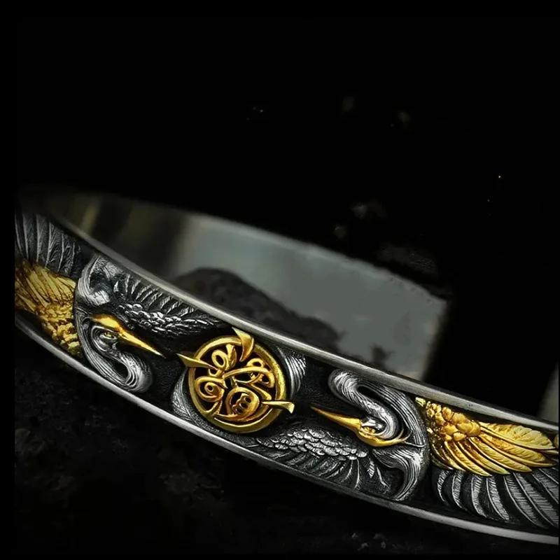Ethnic Style Black Gold Collision Bangle Male Hand Accessories Lucky Auspicious Clouds Divine Bird Crane Bangle Men Jewelry