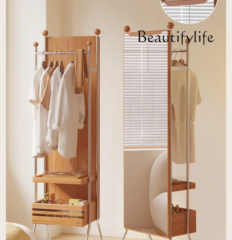 Nordic Style Solid Wood Full-Length Mirror Coat Rack with Mirror