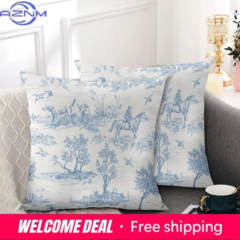 Blue and White Toile Pillow Covers Vintage French Country Throw Pillow Cover Rustic Cushion Cover Decor for Home Sofa