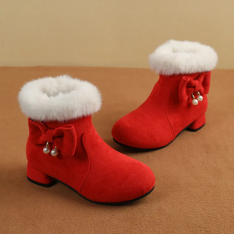 Kids Winter Girls Plush Boots Sweet Bowknot Children Catwalk Ankle Boots with Heels Fashion Furry Hairy Princess Soft Snow Boots