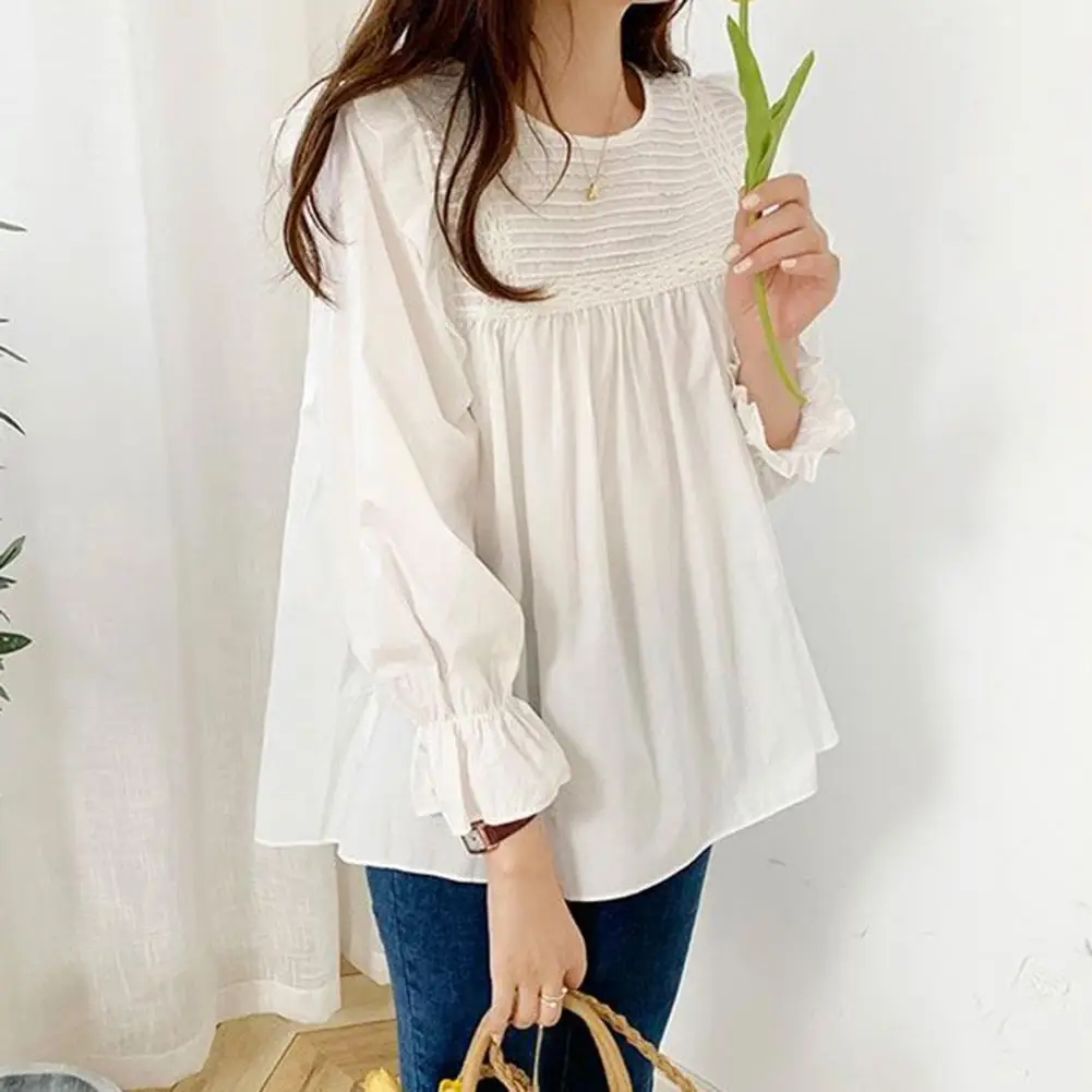 Top elegante con volantes para mujer, Blusa de manga farol, Jersey holgado, camisa de Color sólido, opción de uso elegante