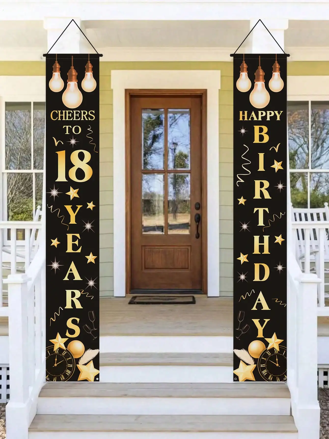 1 Pair of 18Th Birthday Celebration Banners, Black and Gold Theme, Happy Birthday Door Banner, Party Entrance Decoration Banner, Can Be Hung as Holiday Decoration Props