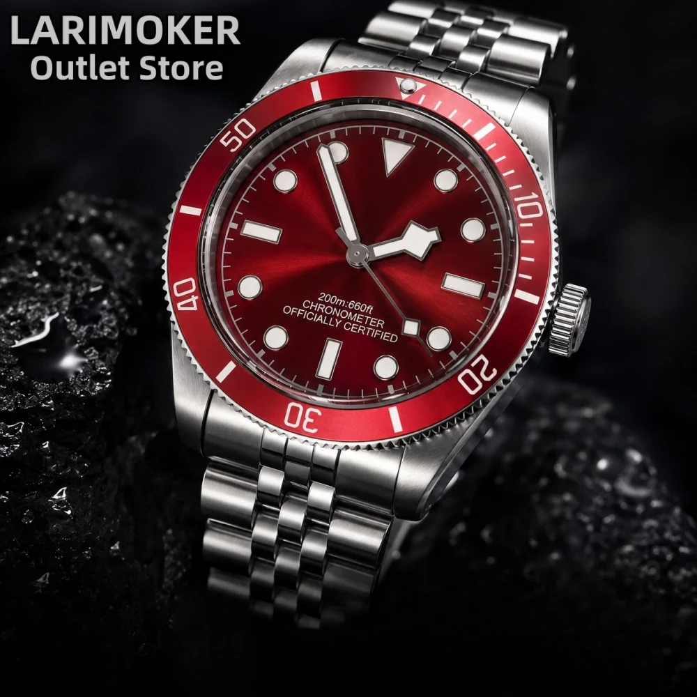 

LARIMOKER NH35 39mm Automatic Men's Watch Domed Sapphire Glass 100m Diving Vintage Wine Red Insert Dial Super Luminous Watch