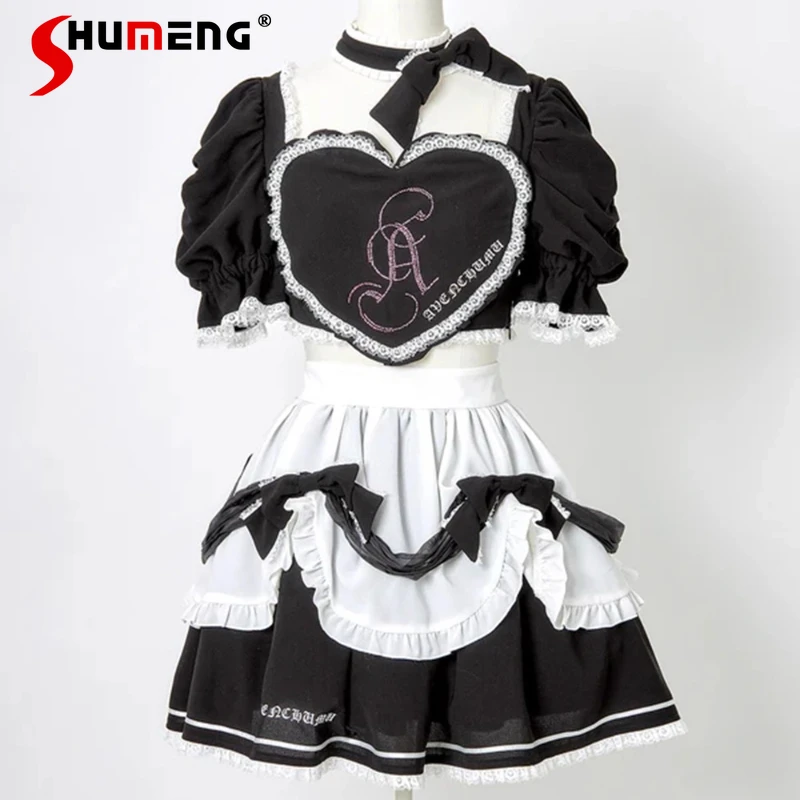 

New Japanese Rojita Style Harajuku Diamond Drills Letter Love Square Neck Lace Edge Top Layered Maid Style Skirt Two Pieces Set
