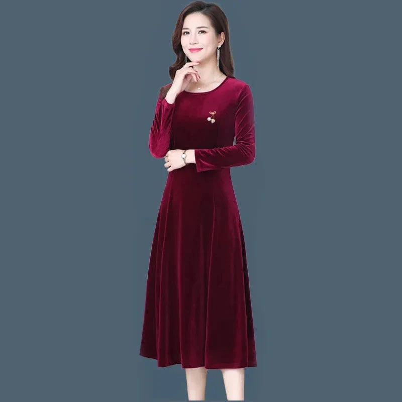 Oversize 5XL Casual Langarm Samt Kleid Frauen Elegante Oansatz Velours A-linie Kleider Vintage Mid-Länge Vestido Mujer Robe