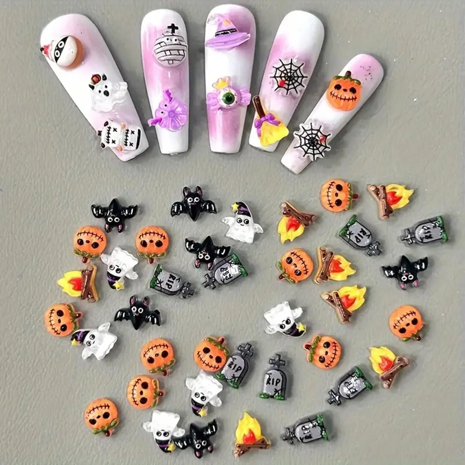 50pcs Mix Halloween Nail Art Charms Chrismas 3D Resin Pumpkins Nail Decoration for Manicure DIY Spooky Nail Accessories Parts