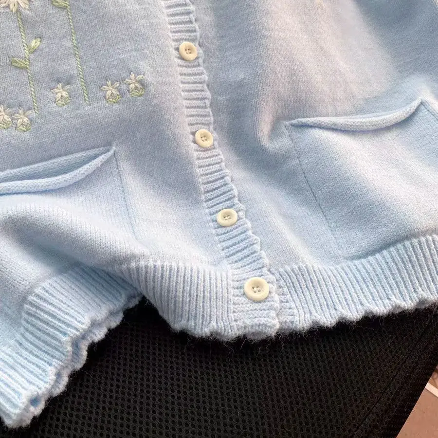 

Kimotimo Sweet Embroidery Knitted Vest Women 2026 New Loose Sleeveless Overlap Sweater Cardigan V Neck Casual Y2k Waistcoat Tops