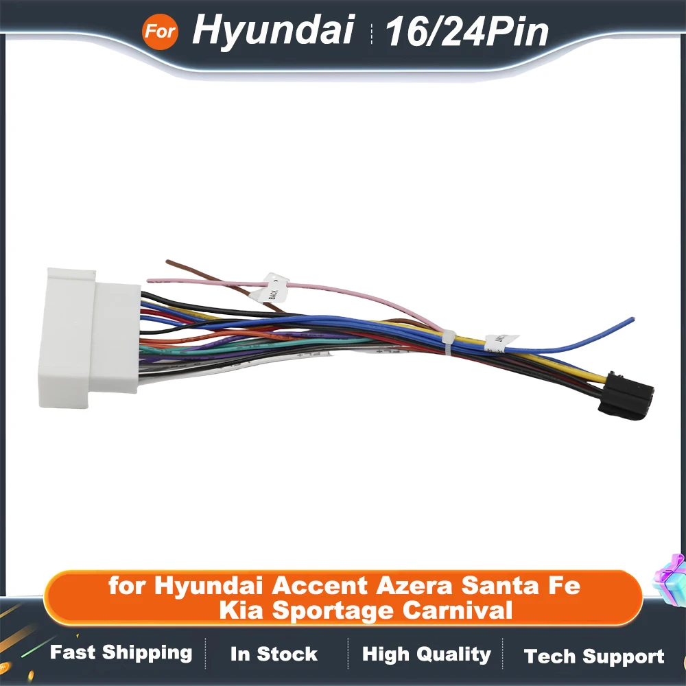 24Pin Radio Wiring Harness 16 Pin Connector Car Android Cable Adapter for Hyundai Accent Azera Santa Fe Kia Sportage Carnival