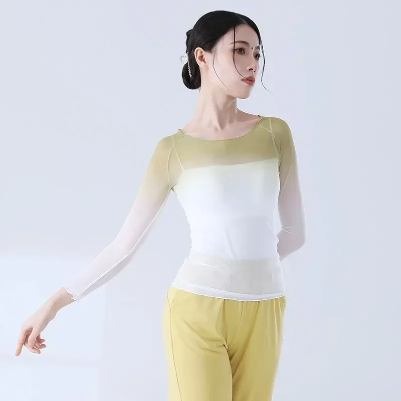 

Сексуальный марлевый топ, прозрачная женская рубашка с градиентом для классических танцев, круглый воротник, сетчатая одежда для тела, тонкая тренировочная накидка, новинка