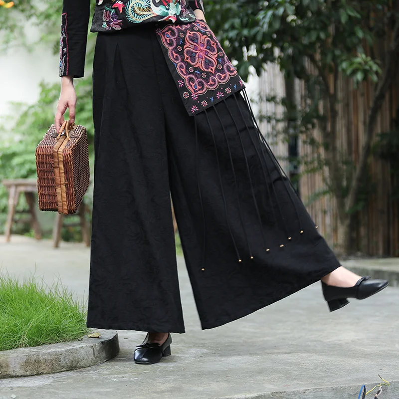 Black Cotton Linen Embroidered Women Wide Leg Pants Tassel Patchwork National Style Harajuku Vintage Trousers Casual Clothing