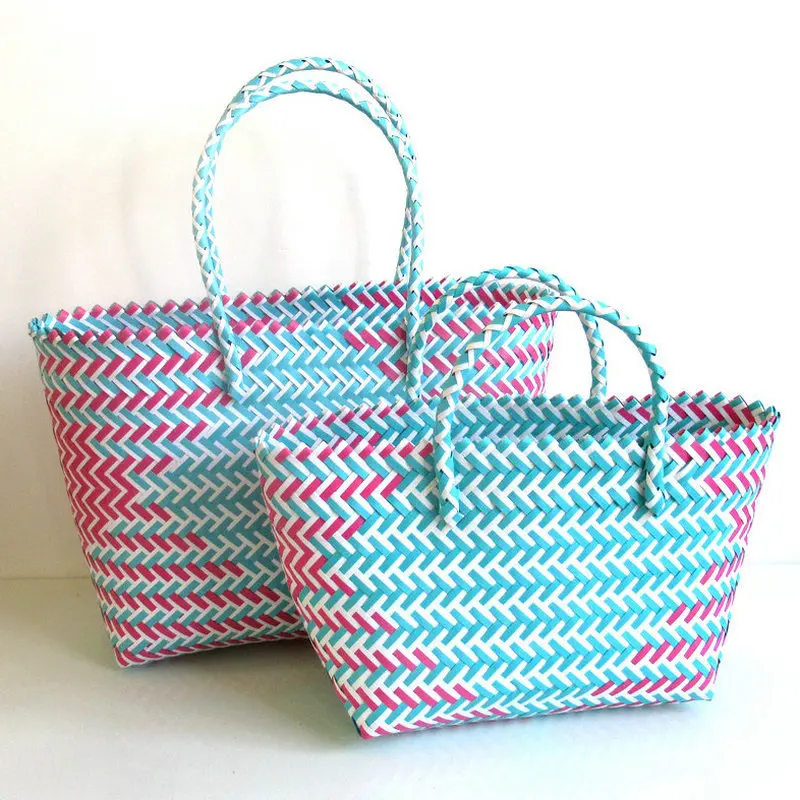 New Woven Tote Vegetable Basket Bag Stripe Color Blocking Beach Bag Fashion Women\'s Bag