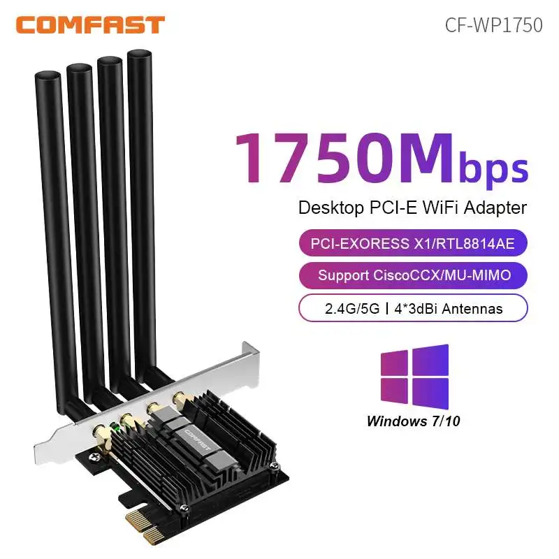 

Dual Band 2.4G&5.8GHz 1750Mbps Wireless Adapter PCI-E Wifi Card with 4*3dBi Omnidirectional Antenna Support MU-MIMO Win7/ 10
