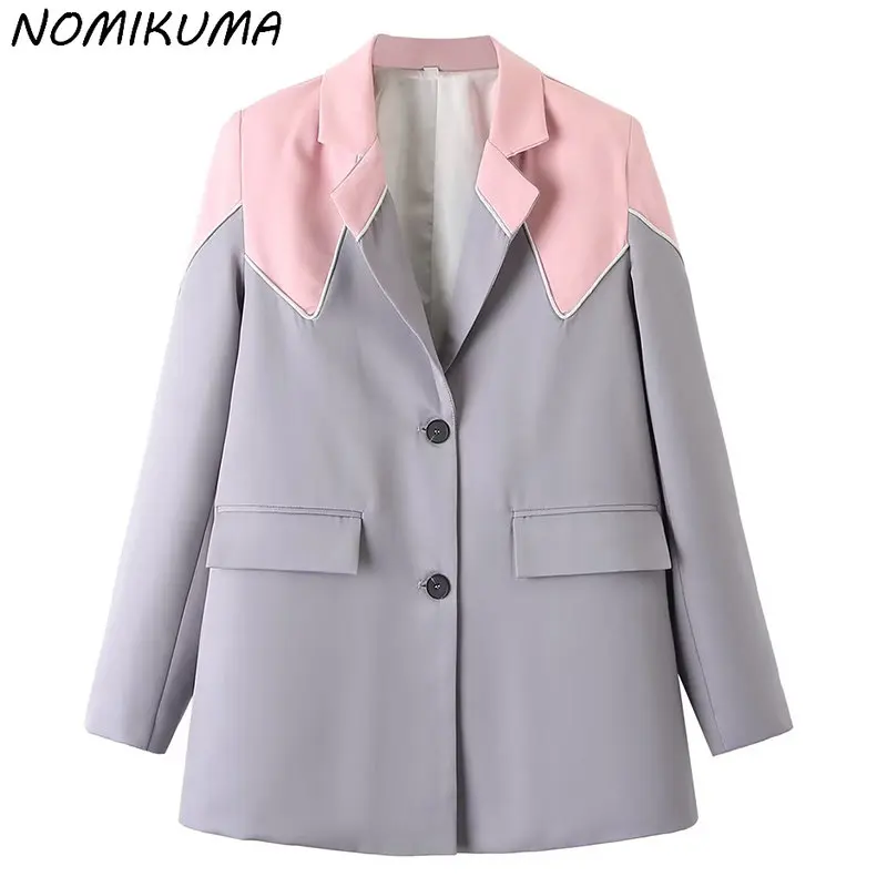 Nomikuma New Blazers Patchwork Hit Color Causal Single Breasted Tailored Coat Elegant Fashion New Blazer Mujer De Moda 2023