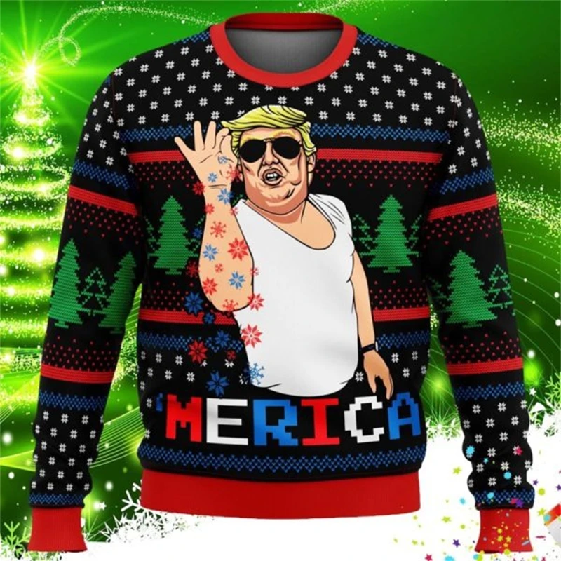 Funny Trump Graphic Ugly Christmas Sweater Trend Holiday Xmas Gift 3D Printed Men Women Sweatshirt Loose Crew Neck Pullovers