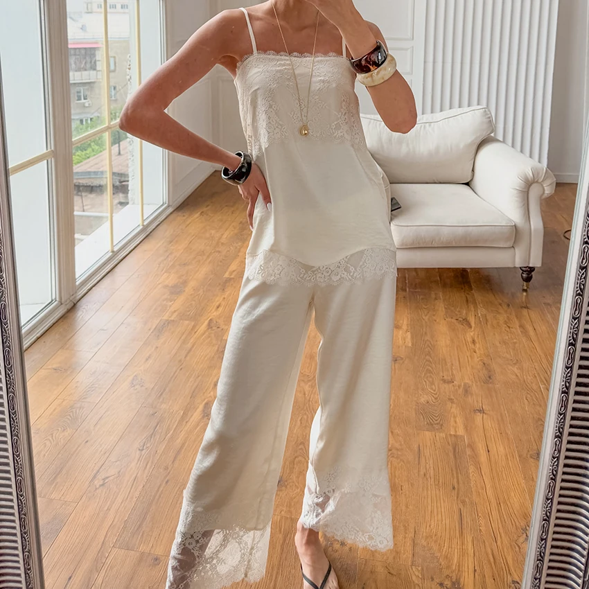HiLoc Apricot Casual Lace Loose Woven Pajamas Two-Piece Sleeveless Suspender Vest Elastic Waist Ankel-Length Pants 2026 Autumn