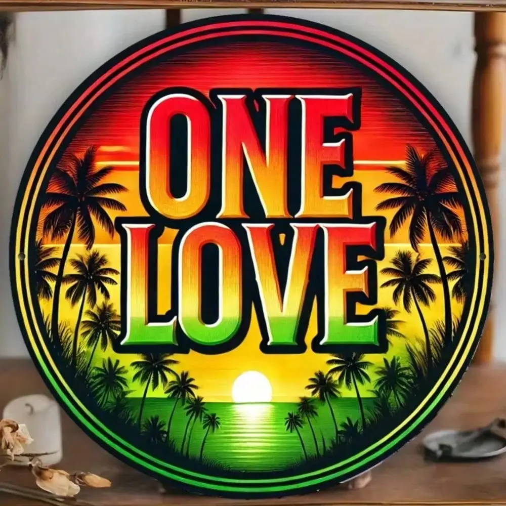 ONE LOVE Vintage Aluminum Wall Art, Round Metal Decor Engraving Durable Weatherproof