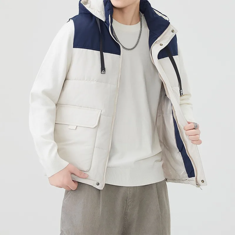 Men's Contrast Color Hooded Zipper Cardigan Pocket Fashion Loose Casual Jacket Vest Top