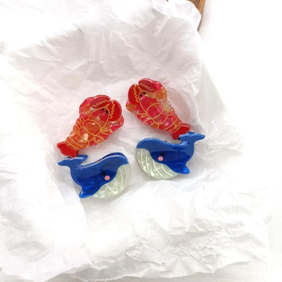 4pcs Lobster Cartoon Small Hair Claw Clip Acetate Whale Ocean Series Hairpin Sea Horse Hair Accessories Barrette Girls