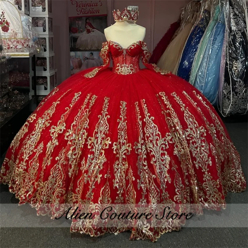 Red Long Sleeve Beading Quinceanera Dresses Ball Gown Sequins Appliques Crystals Sweet 15 Birthday Party Gown Customized