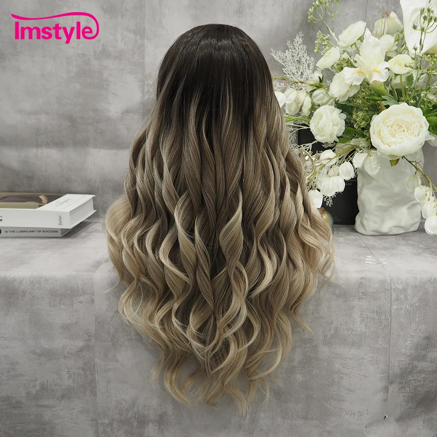 Imstyle Ombre Brown Wig Synthetic Lace Front Wig Long Natural Wavy Black Root Daily Blonde Wigs For Women Heat Resistant Fiber