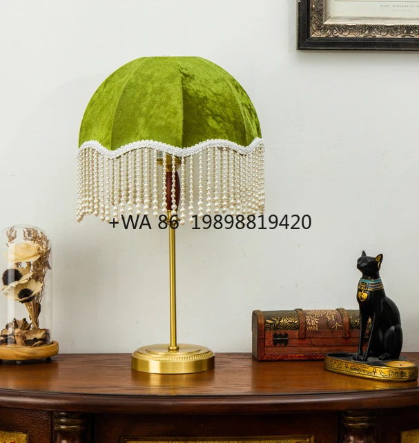 Vintage Copper Base and Fringed Shade Velvet Lampshade for Table