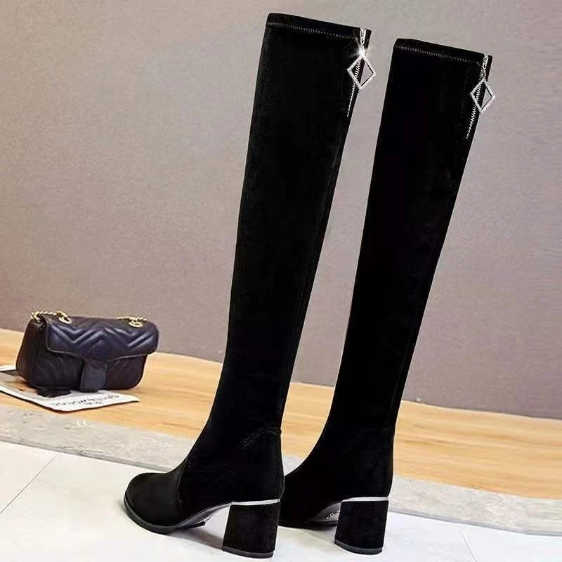 2025 New Women's Over The Knee Boots Black Suede Leather Chunky Mid Heel Slimming Stretchy Zipper Comfortable Long Standing