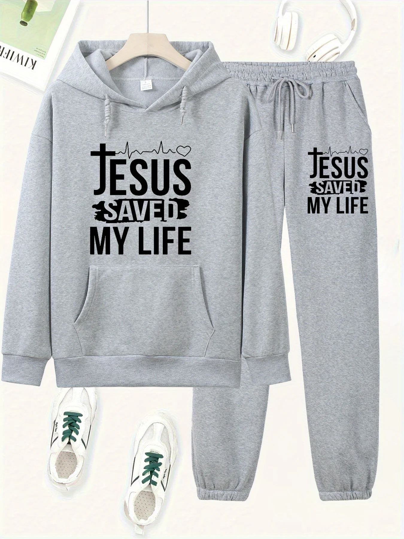 Felpa con cappuccio allentata autunno e inverno da donna + pantaloni della tuta set hip-hop street casual JESUS lettera stampata abbigliamento caldo alla moda