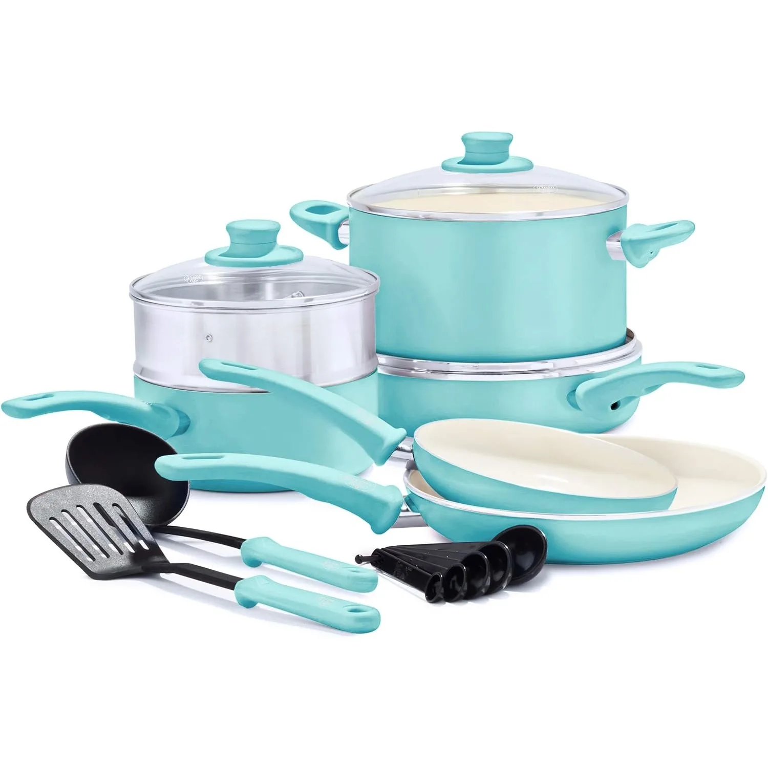 Soft Grip Healthy Ceramic Nonstick 12 Piece Cookware Pots and Pans Set, PFAS-Free, Dishwasher Safe, Turquoise