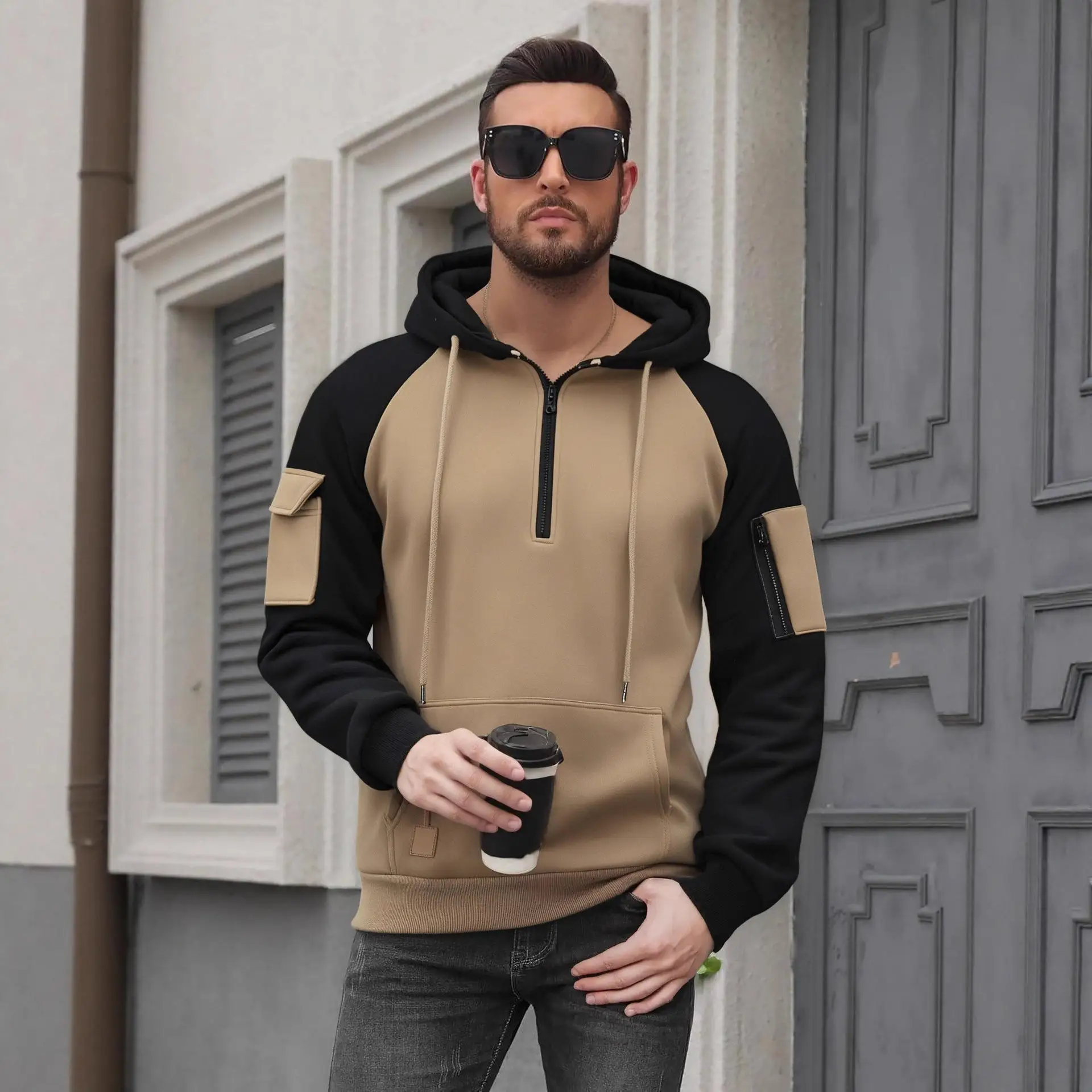 

New Men's Zipper Hoodie with Arm Pocket Pure Color Casual Versatile Sweatshirt for Autumn Winter Comfortable Polyester Fiber