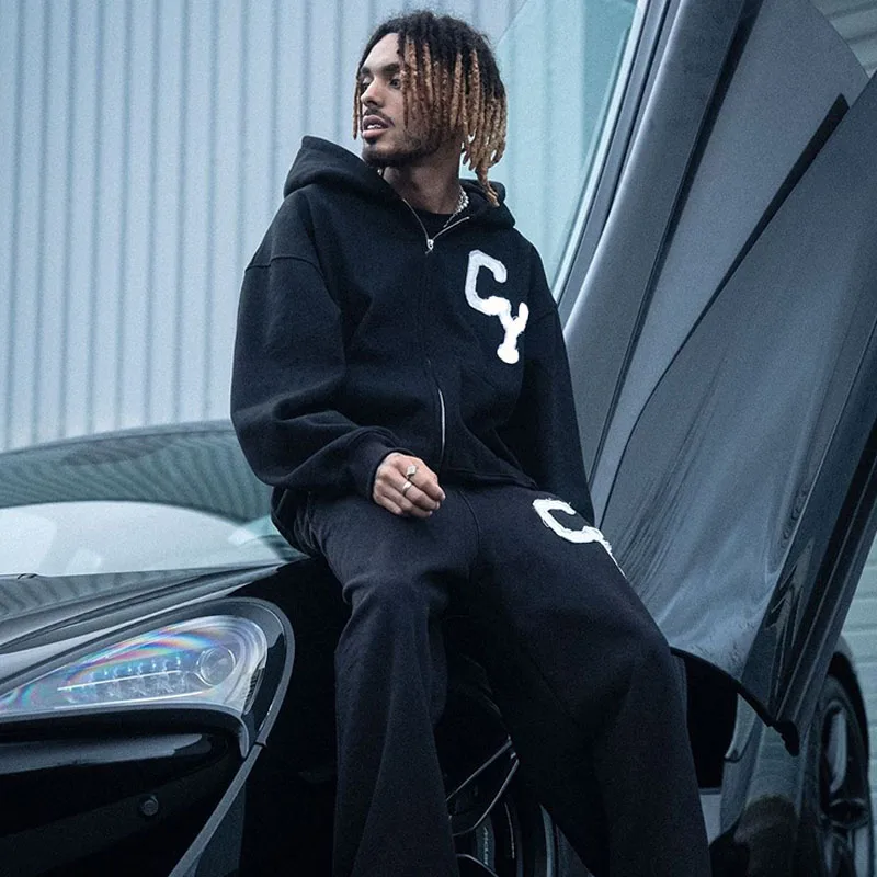 2024 high-end design European and American cross-border exclusive for niche fashion brands street hooded men's hoodie cardigan j