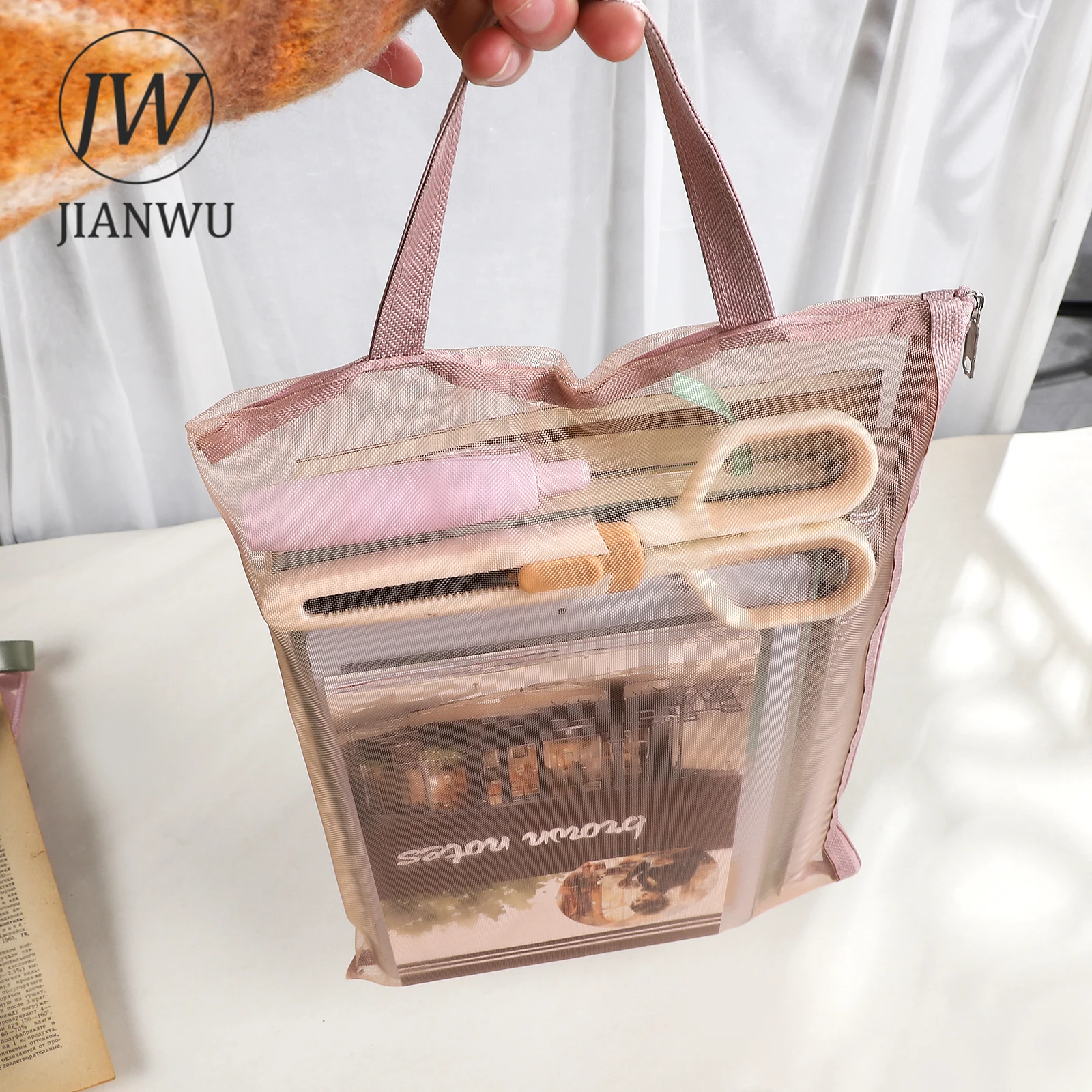 JIANWU Morandi Color Translucent Test Paper Storage Bag Mesh Pencil Case Creative Journal Material Student Supplies Stationery