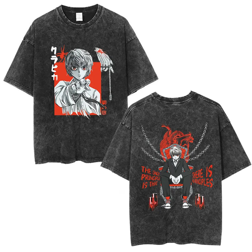 Camiseta Vintage Lavada Hunter x Hunter Kurapika 2026 con Estampado de Anime, Oversize de Algodón de Manga Corta para Hombres y Mujeres Fans