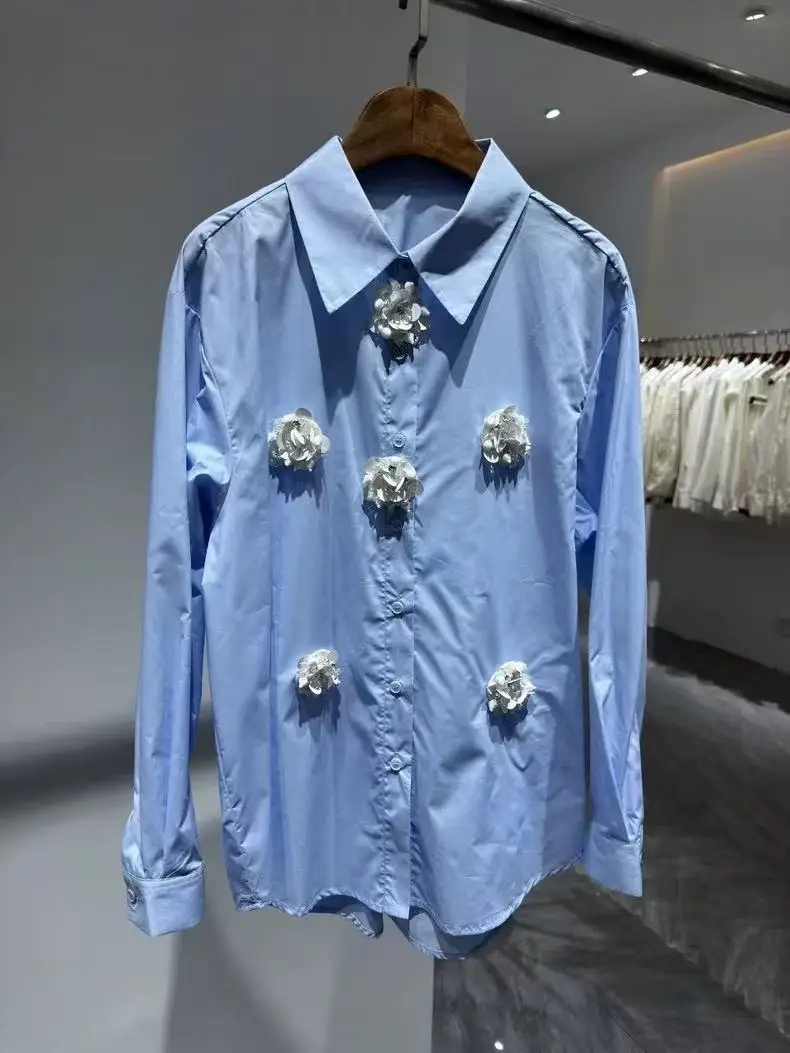 

Luxury Design Flowers Stitch White Blue Cotton Blouses Shirts For Women 2025 New Fashion Trend Loose Casual Elegant Tops Blusas