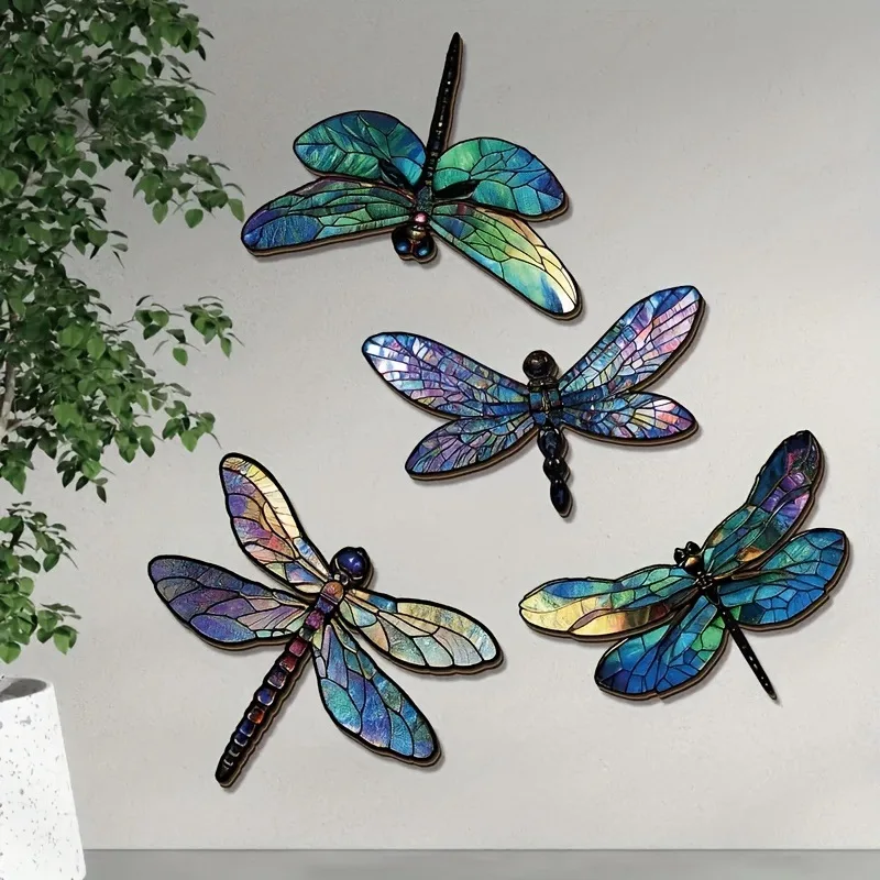 4-piece Set of Decorative Wooden Dragonfly Wall Art, Suitable for Outdoor Garden Fences, Living Rooms, Bedroom Decoration