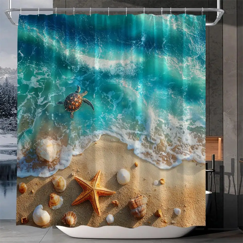 Coastal Beach Tropical Shower Curtain Ocean Waves Sea Turtle Starfish Waterproof Bath Decor Polyester Curtain for Bathroom Resor