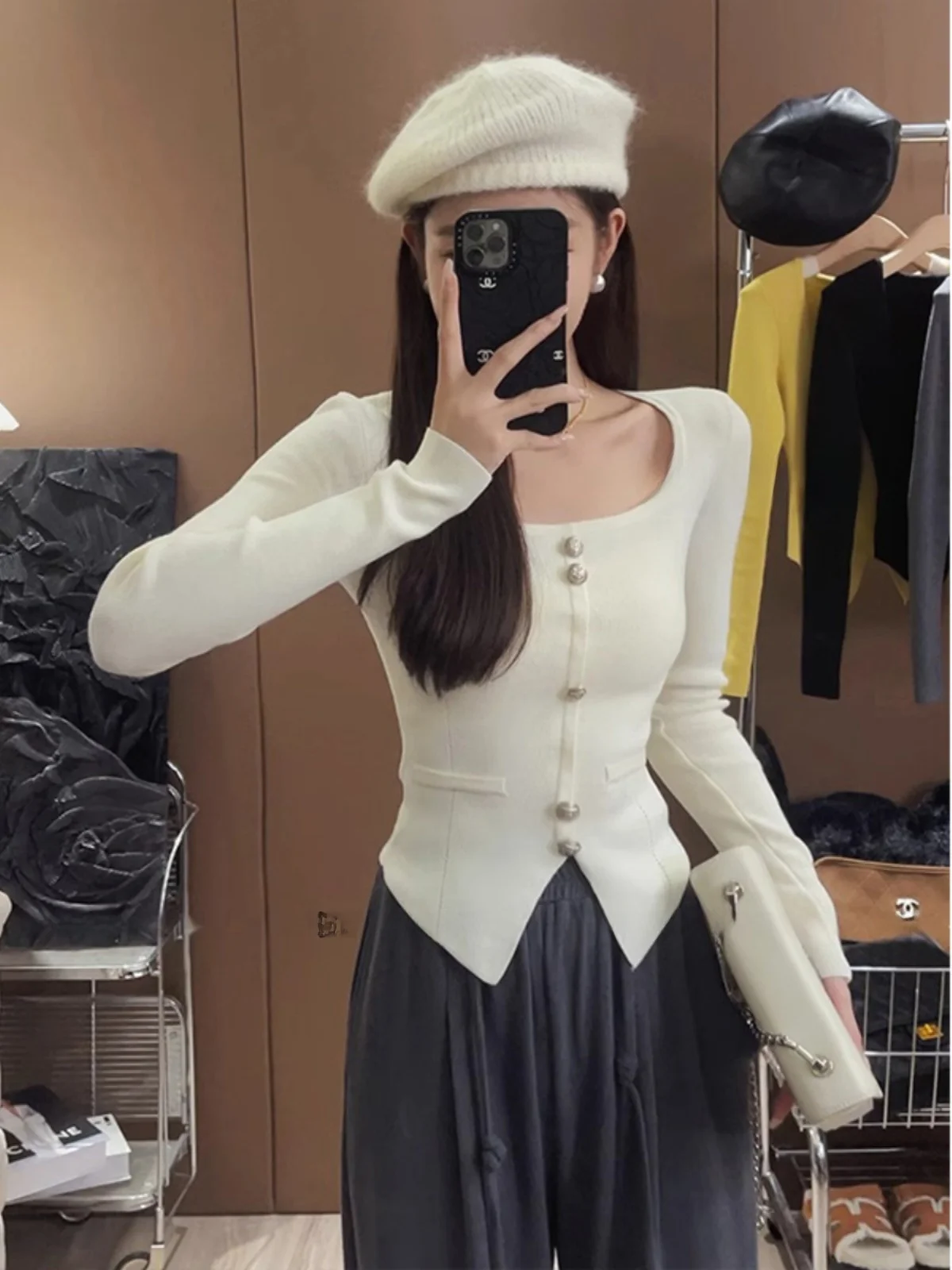 Yellow Square Collar Knitted Bottoming Shirt Women Autumn and Winter 2024 New Slim fit Short Inner wear Sweater Autumn Women ...