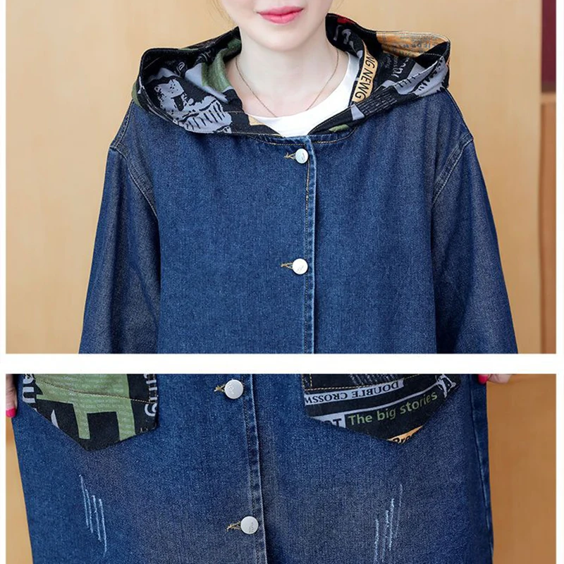 Spring Autumn New Vintage Hooded Jeans Jacket Women Long Sleeve Print Casual Loose Windbreaker Streetwear Denim Coat Female T342