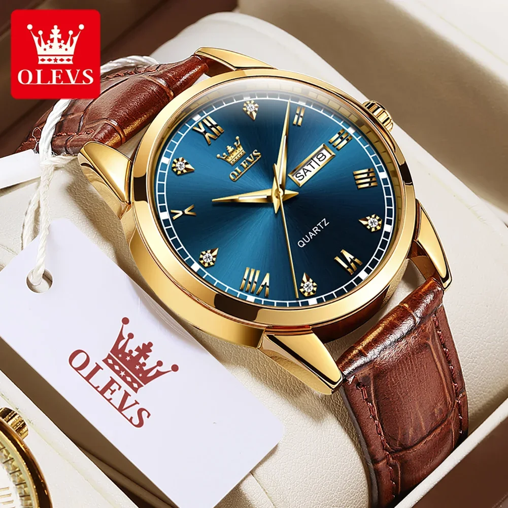 

OLEVS Original Quartz Watch for Men Comfortable Leather Strap Week Display Calendar Waterproof Luxury Business Wristwatch Reloj