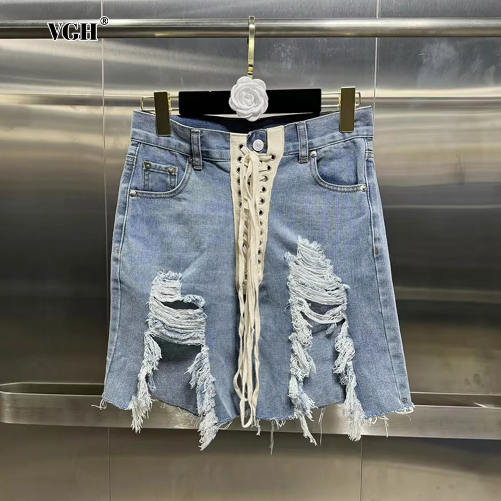 

VGH Hit Color Hollow Out Patchwork Lace Up Denim Shorts For Women High Waist Streetwear Loose Short Pants Female Fashion Style